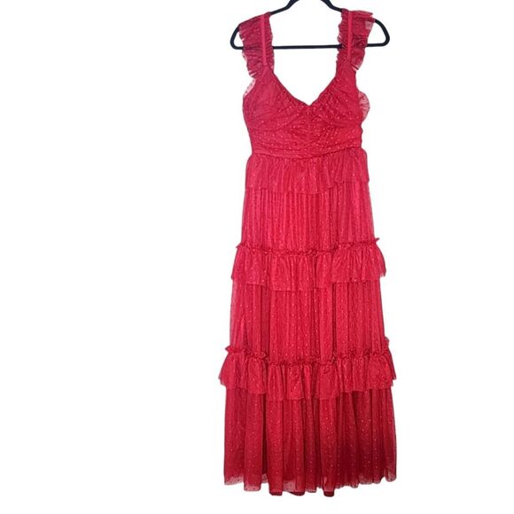 Red Maxi Dress Ruffled Tiered Tulle Empire Waist Western Romance Party Prom  M - Picture 1 of 5